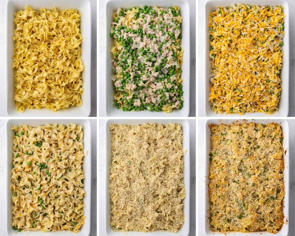A collage of six images showing the process of how to make tuna casserole from start to finish.