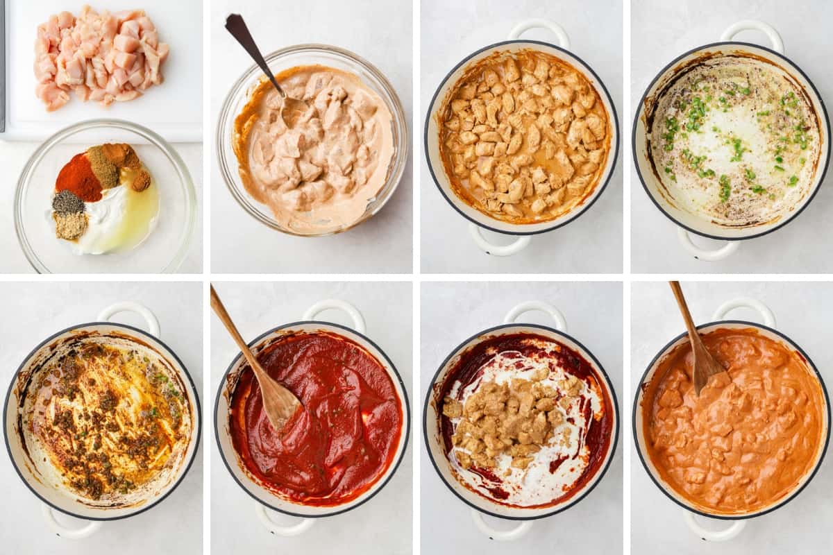 A collage of eight images showing the process of how to make chicken tikka masala from start to finish.