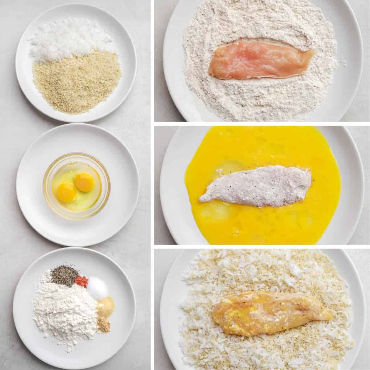 A collage of four images showing mixing together the coconut, eggs, flour, breadcrumbs and spices, and then dipping chicken in the mixture. 