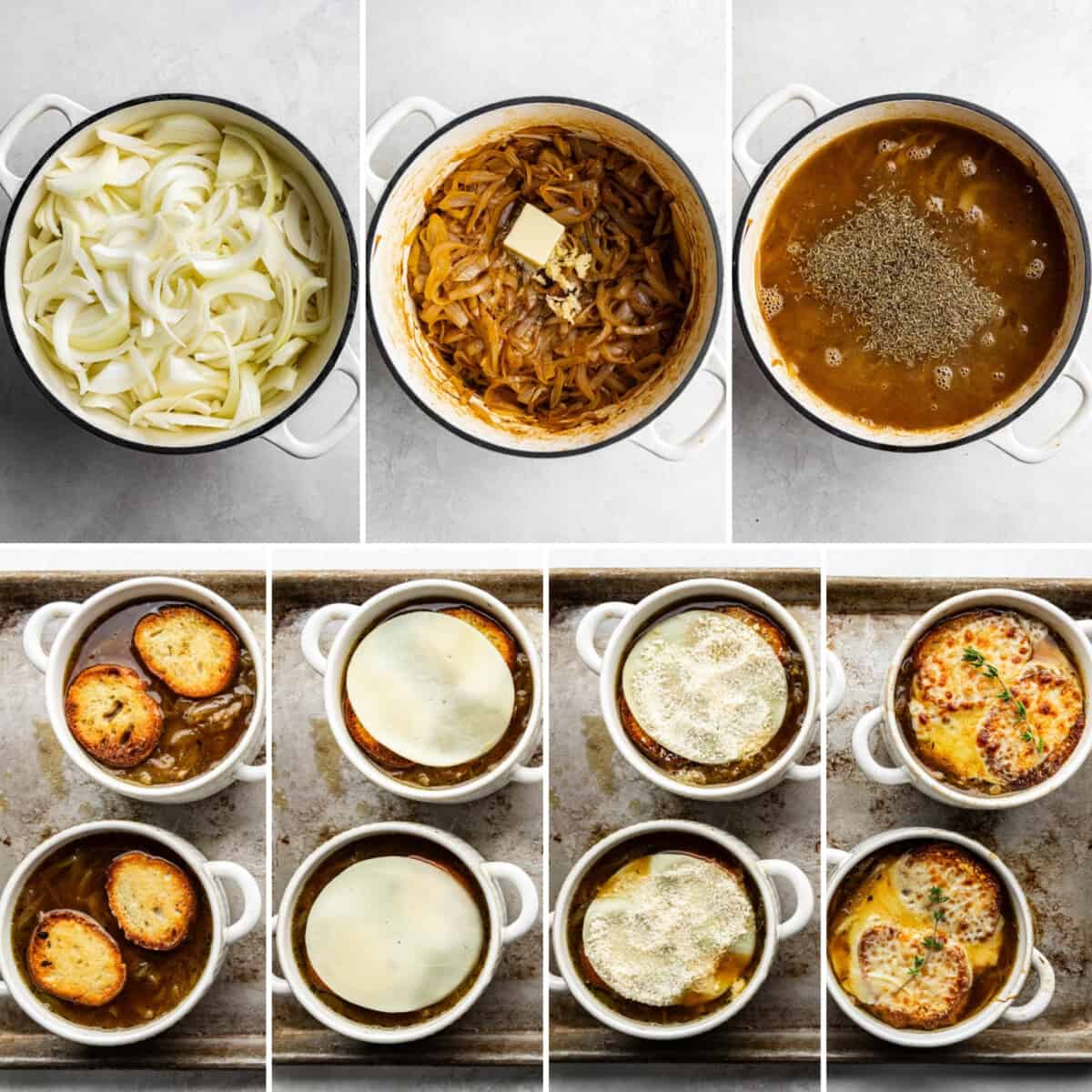 A collage of seven images showing the process of how to make French onion soup from start to finish.