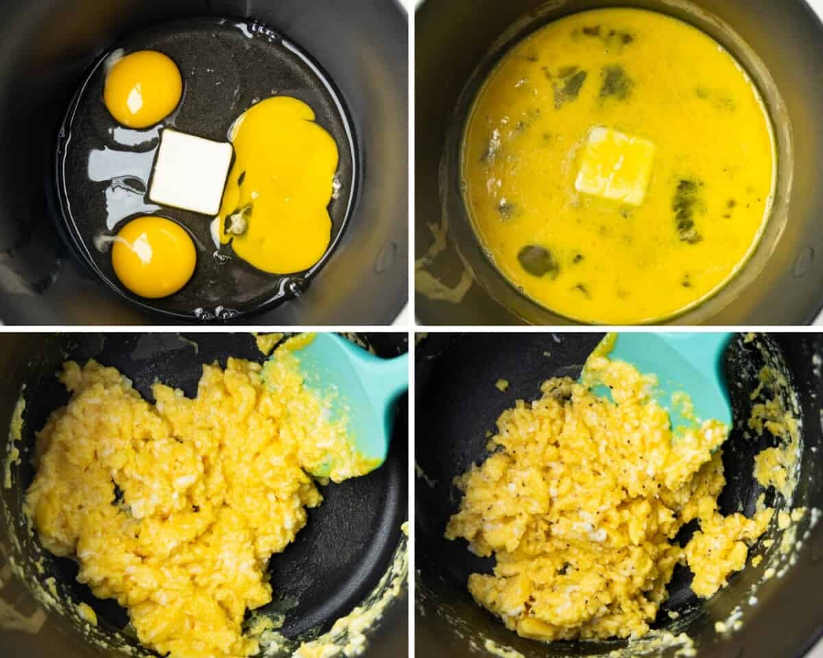 A collage of four images looking inside a small saucepan at various stages of the cooking process.
