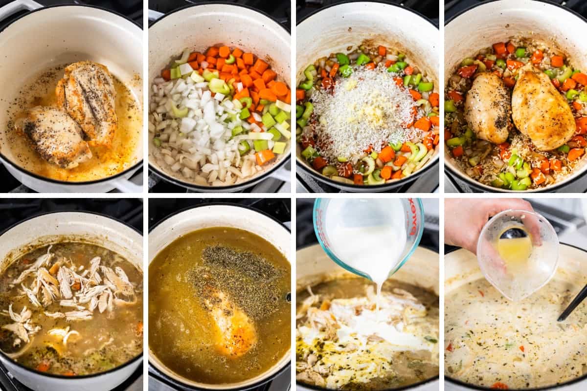 A collage of images showing the step by step process for making chicken and rice soup.