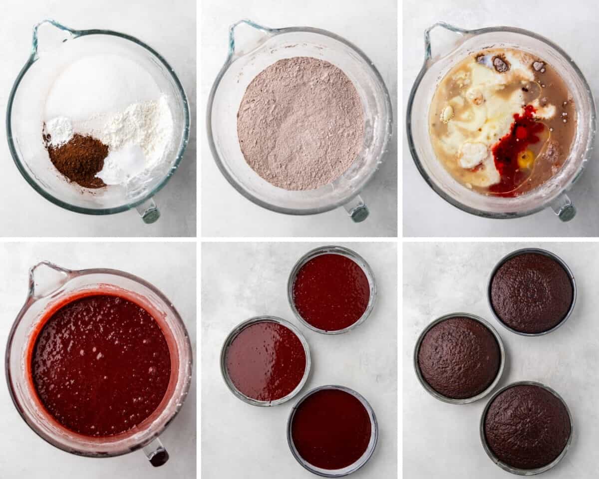 A collage of six images showing the process of how to make red velvet cake from start to finish.