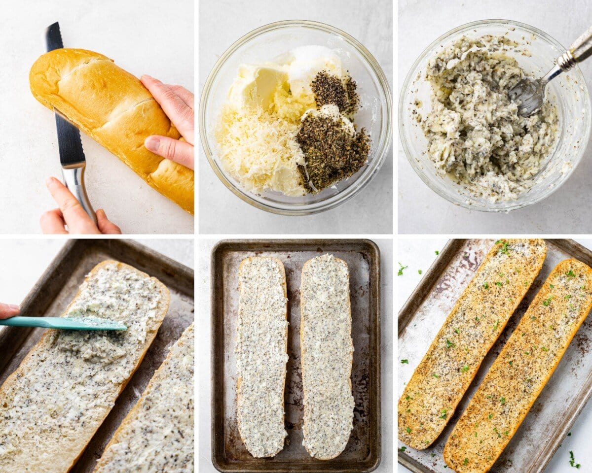 A collage of six images showing slicing a loaf of French bread in half, butter and garlic and herbs in a bowl, the garlic butter mixture mixed together, spreading the garlic butter on the bread, and then the finished bread cooked. .