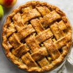 Overhead view of an apple pie with a lattice crust.