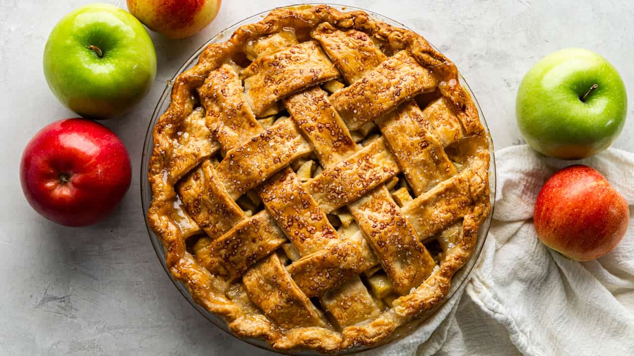 Overhead view of an apple pie with a lattice crust.