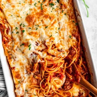 An overhead birds-eye view of a pan of baked spaghetti.