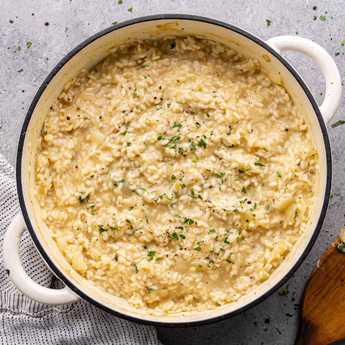 A close up overhead birds-eye view of a pot of classic risotto.