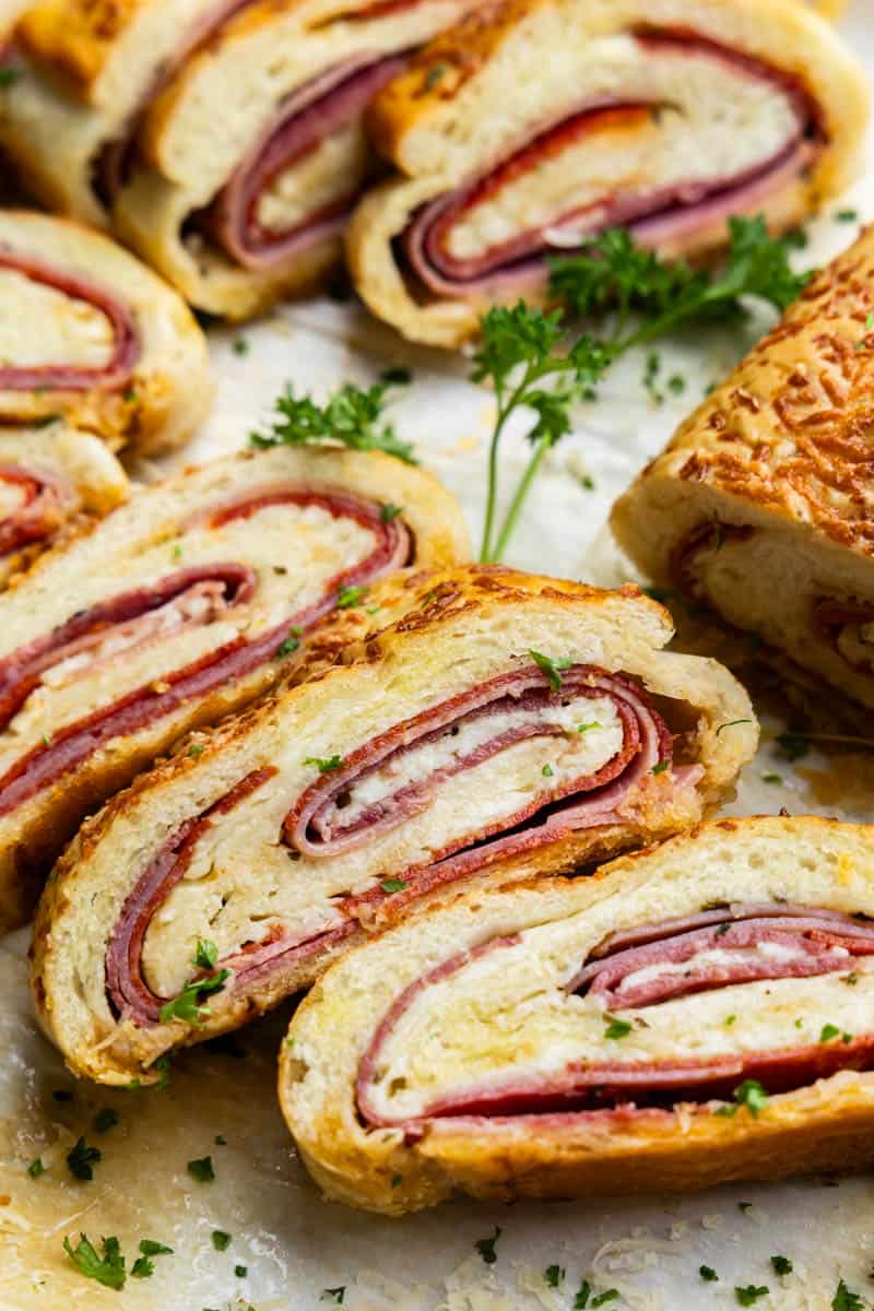 Close up overhead view of Italian stromboli.