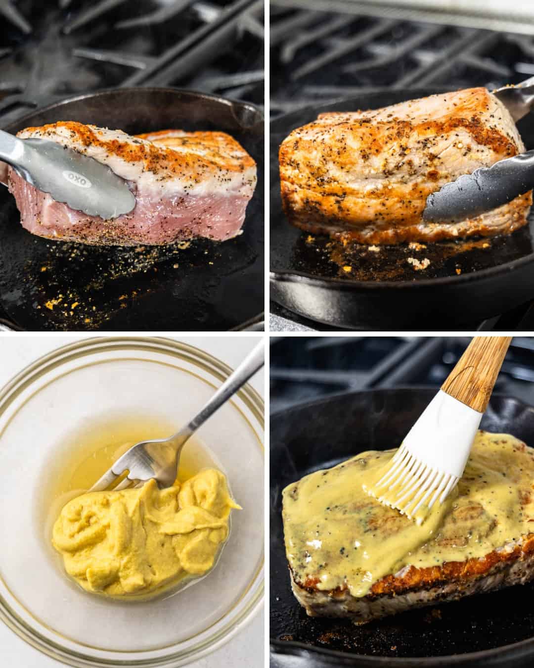 A collage of four images showing a half seared pork loin, a fully seared pork loin, mixing of a glaze in a bowl, and then brushing the glaze onto the seared pork loin.