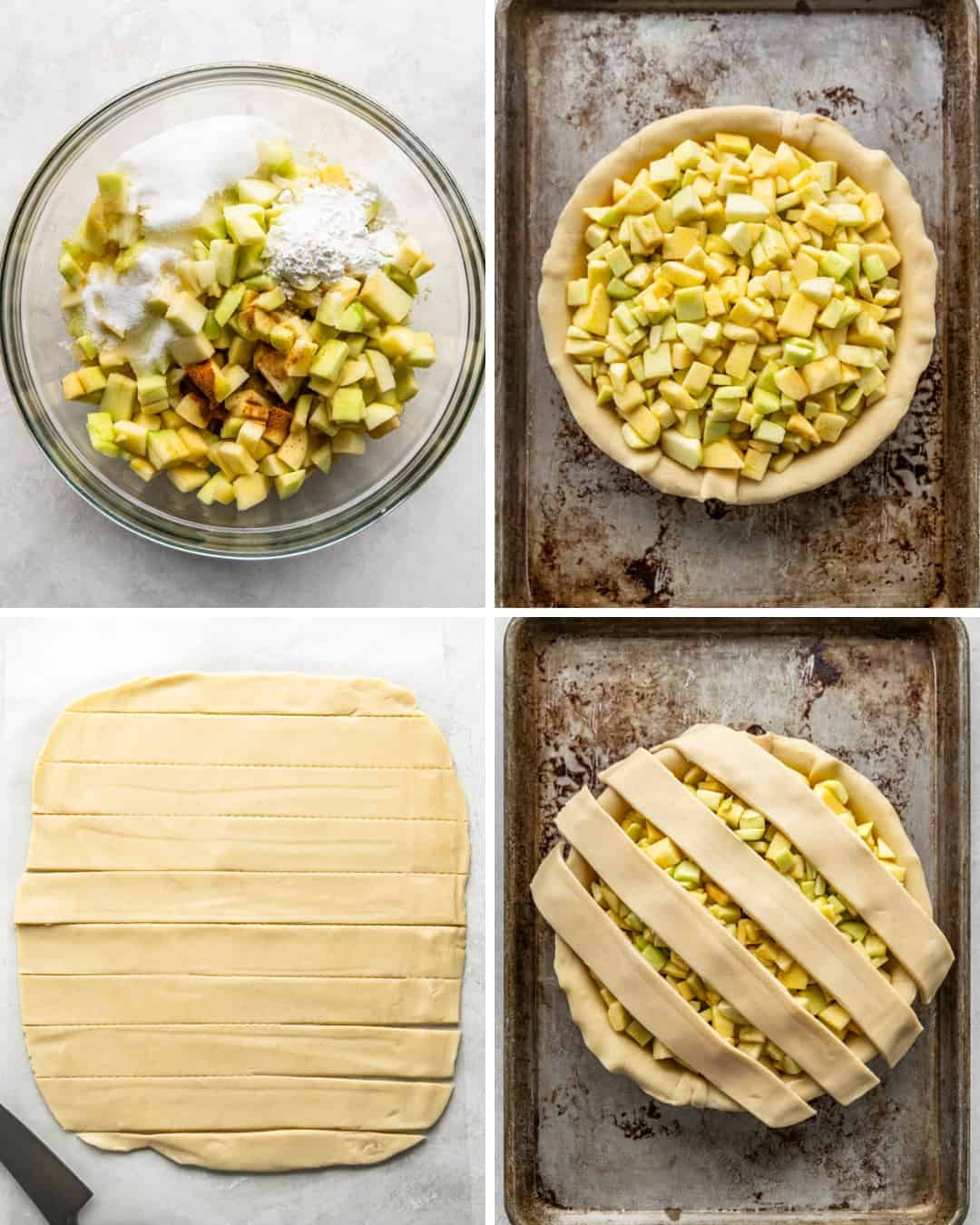 A collage of four images showing apples in a glass bowl with sugar, flour, and spices, the apples in the pie plate on top of the bottom crust, the top pie crust dough cut into strips, and then those strips as half of the lattice crust placed on top of the apples.