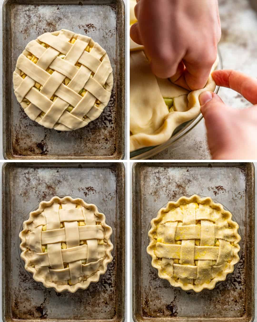 A collage of four images showing an overhead view of an unbaked apple pie with a lattice crust, crimping the edges of the top crust, the unbaked pie with the crimped edges, and before baking with the egg wash on top.