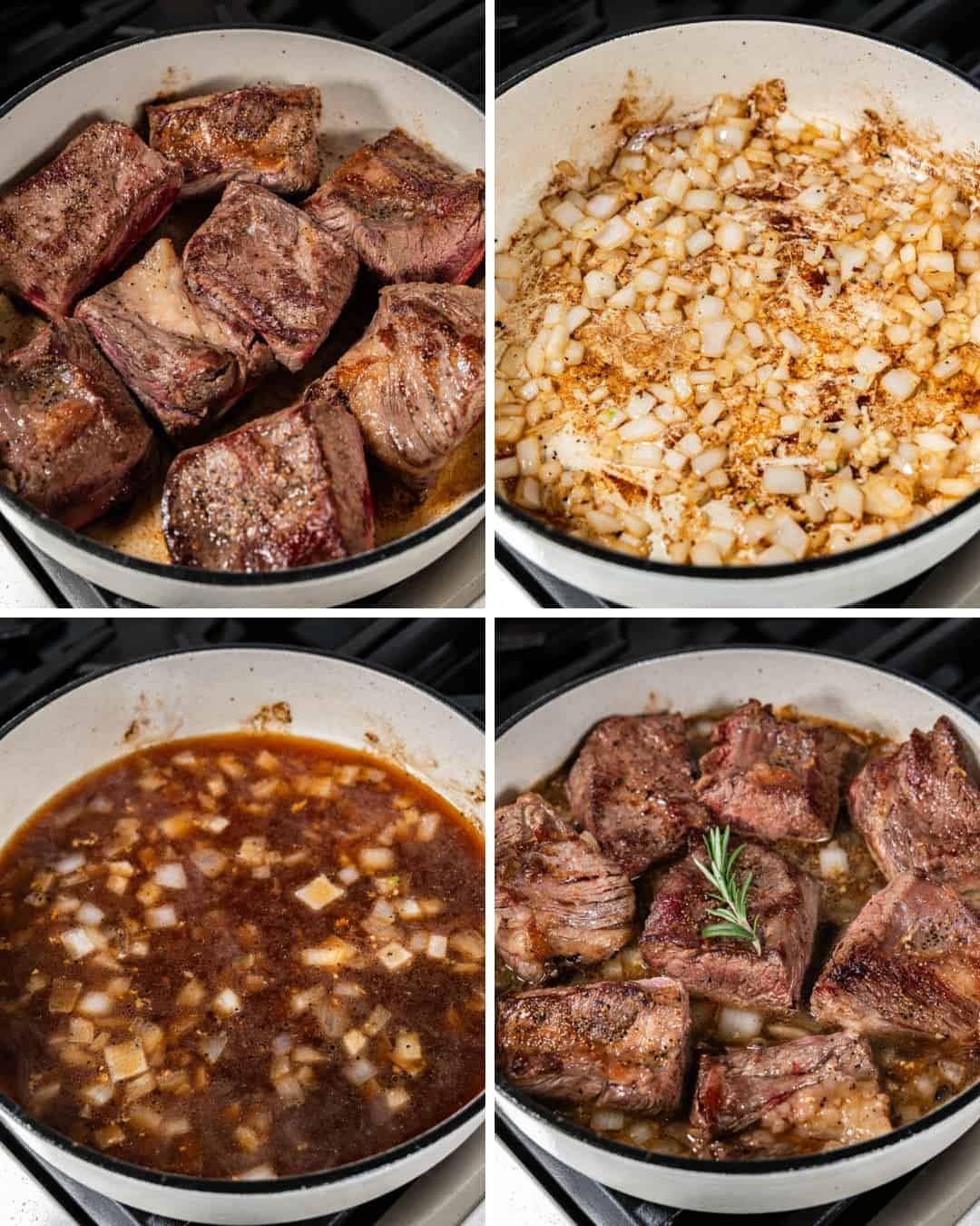 A collage of images showing some of the steps for making braised beef short ribs.