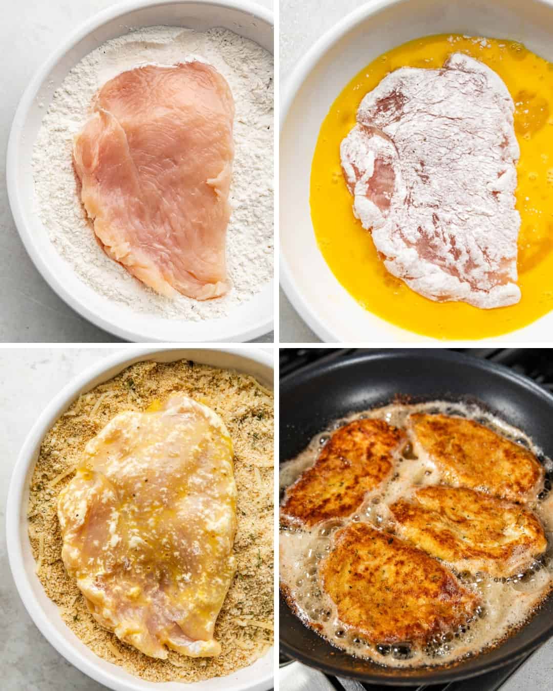 A collage image showing four different steps in the process of breading chicken and preparing it for assembly in making chicken parmesan.