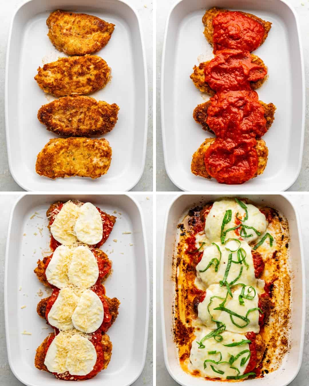 A collage image showing four different steps in the process of adding your breaded chicken into the baking dish.