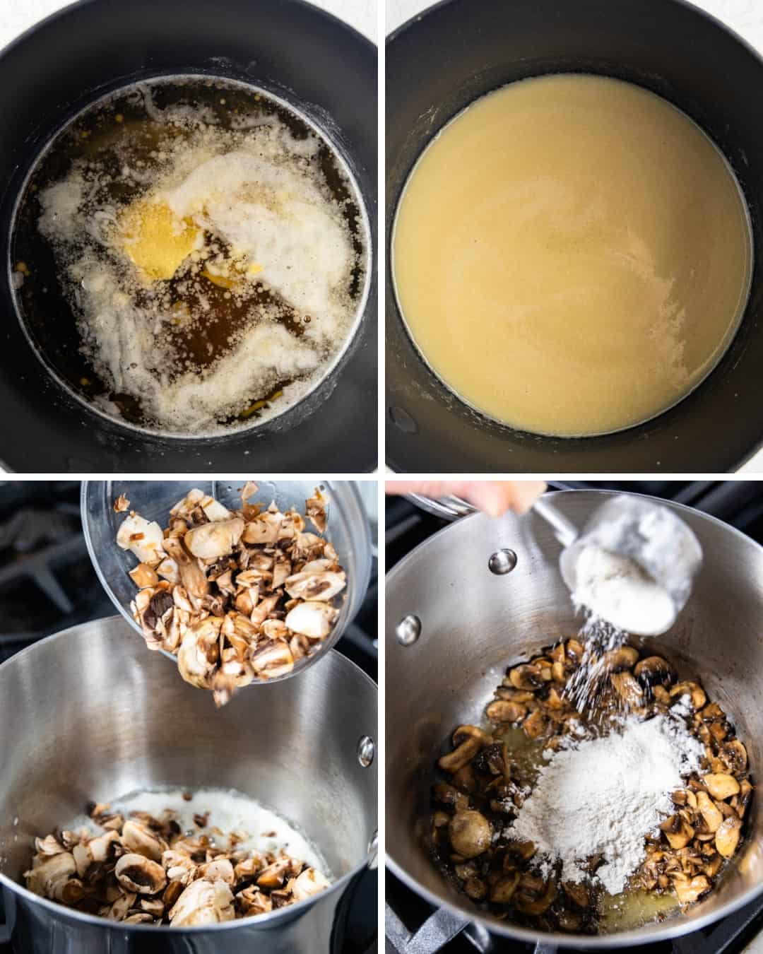 A collage of images showing the first four stages of making homemade cream of mushroom soup.