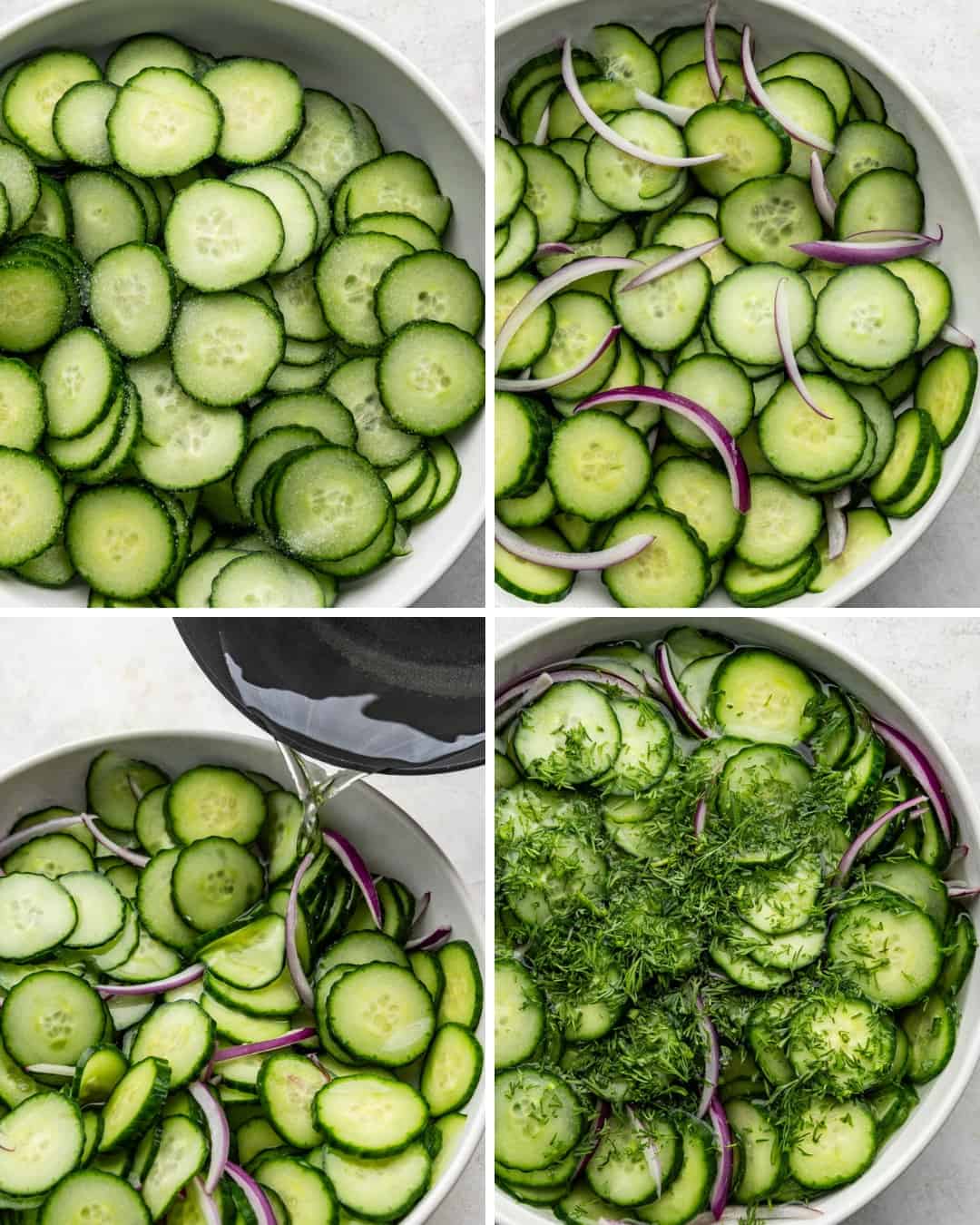 A collage of four images showing steps in the process of making German-style cucumber salad.
