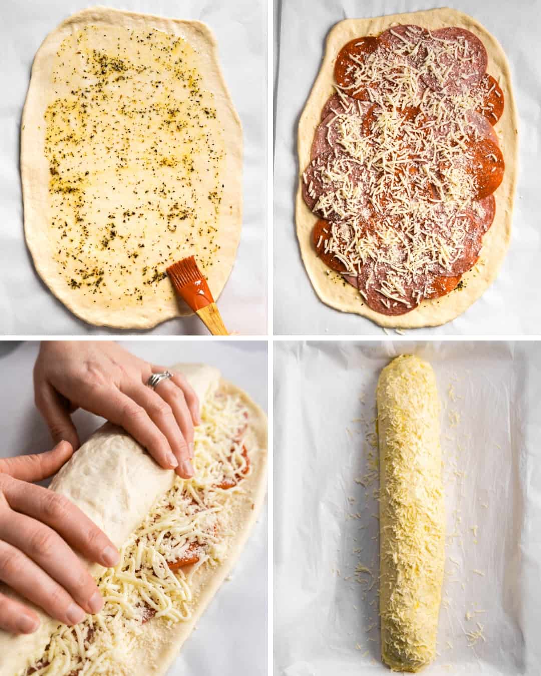 A collage of four photos showing stromboli dough, topped with cheese and meat, rolled out, and completely rolled before baking.