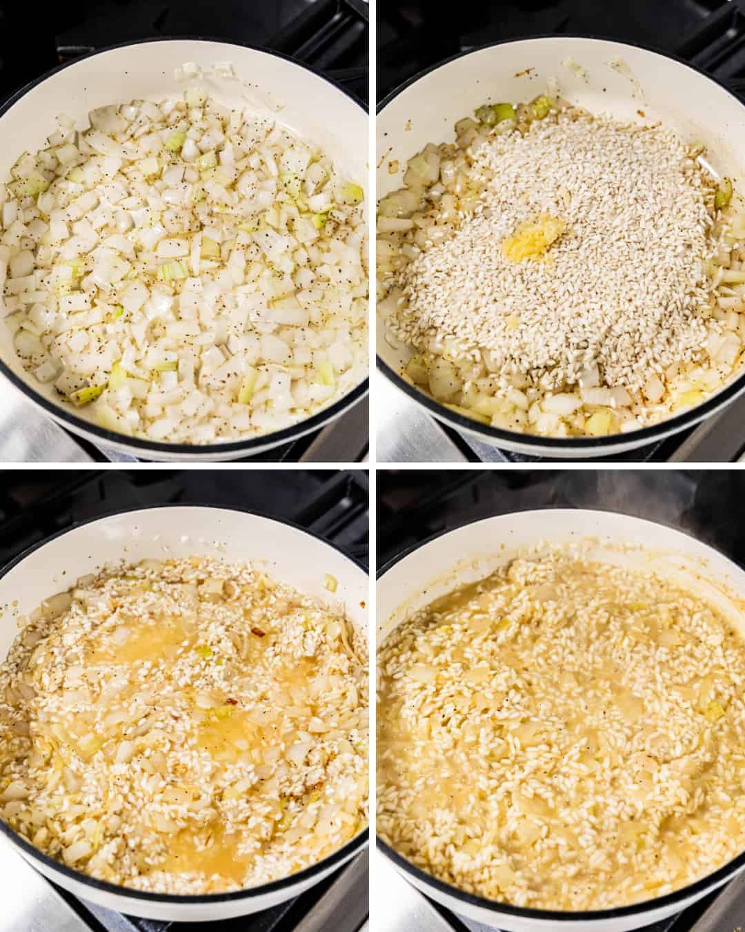 A collage image showing four different stages of making risotto.