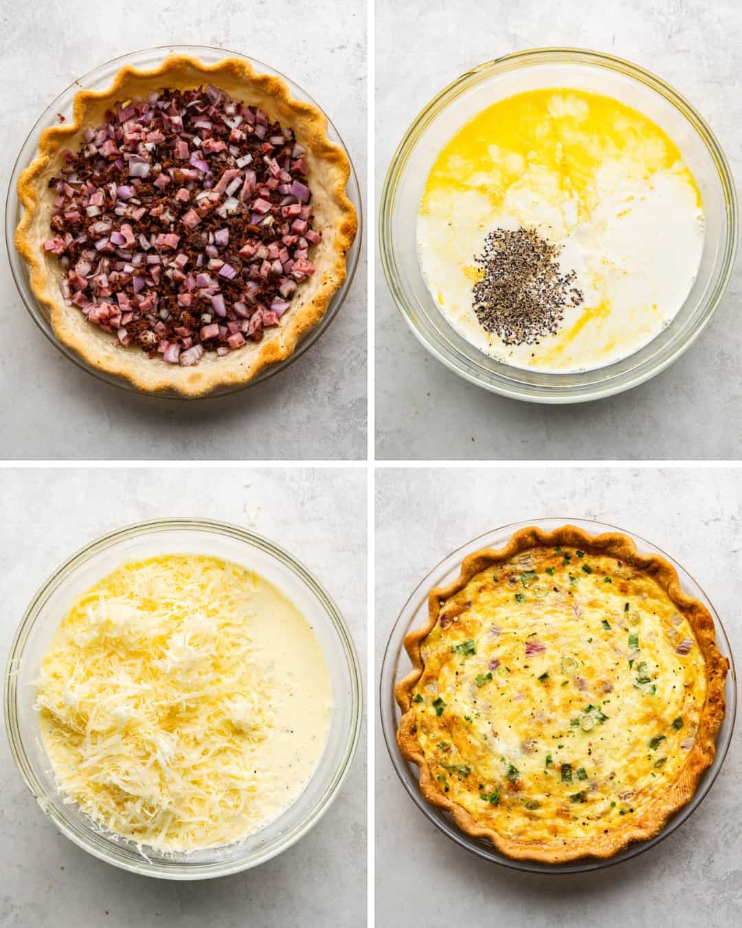 A collage of images showing a handful of key steps to demonstrate the process for making a quiche.