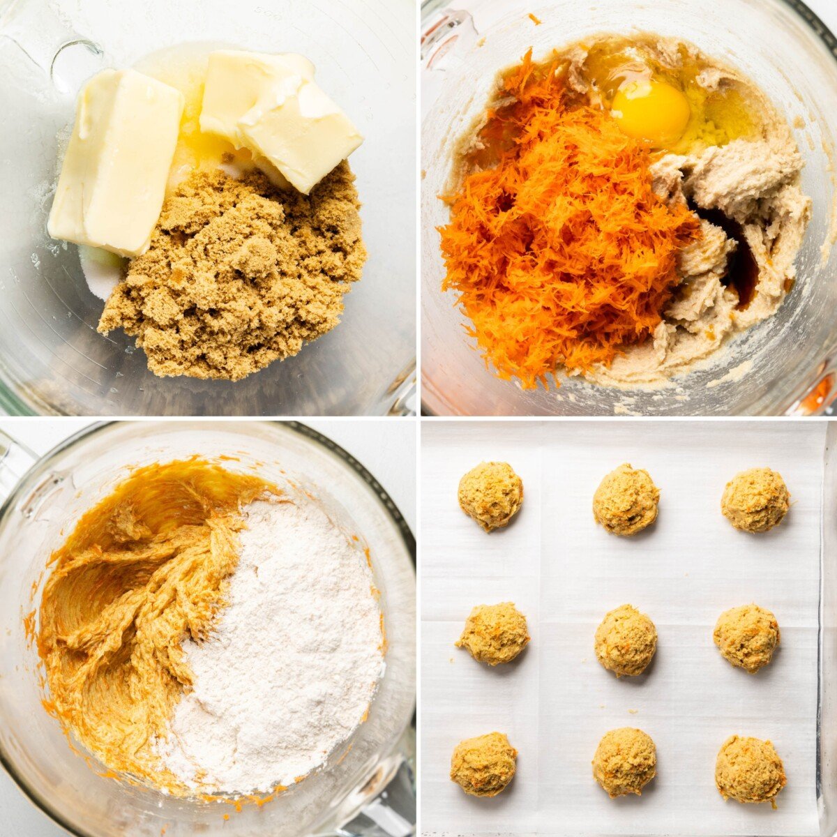 A collage of four images showing ingredients in a mixing bowl at various stages of being mixed together, and an image of cookie dough balls on a baking sheet.