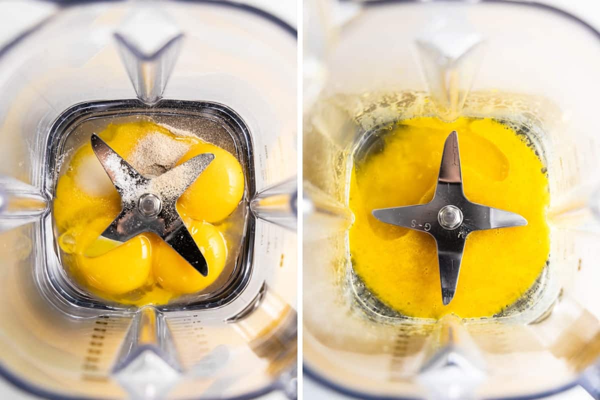 A collage of two images showing ingredients in a blender before blending, and then after blending.