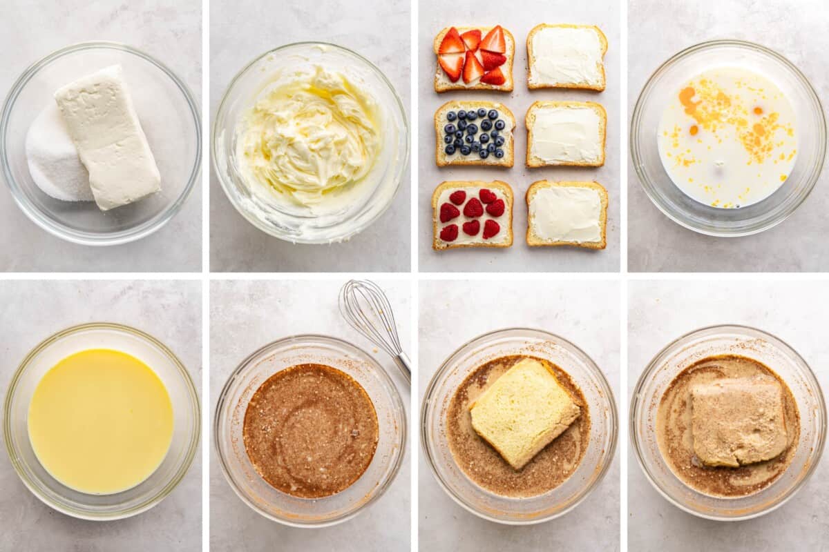 A collage of eight images showing the process of how to make cream cheese and berries stuffed in French toast.