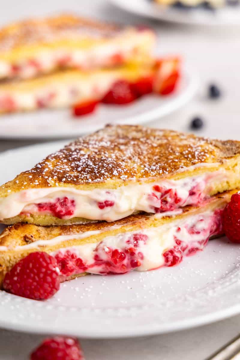 Cream cheese and raspberries stuffed into French toast.