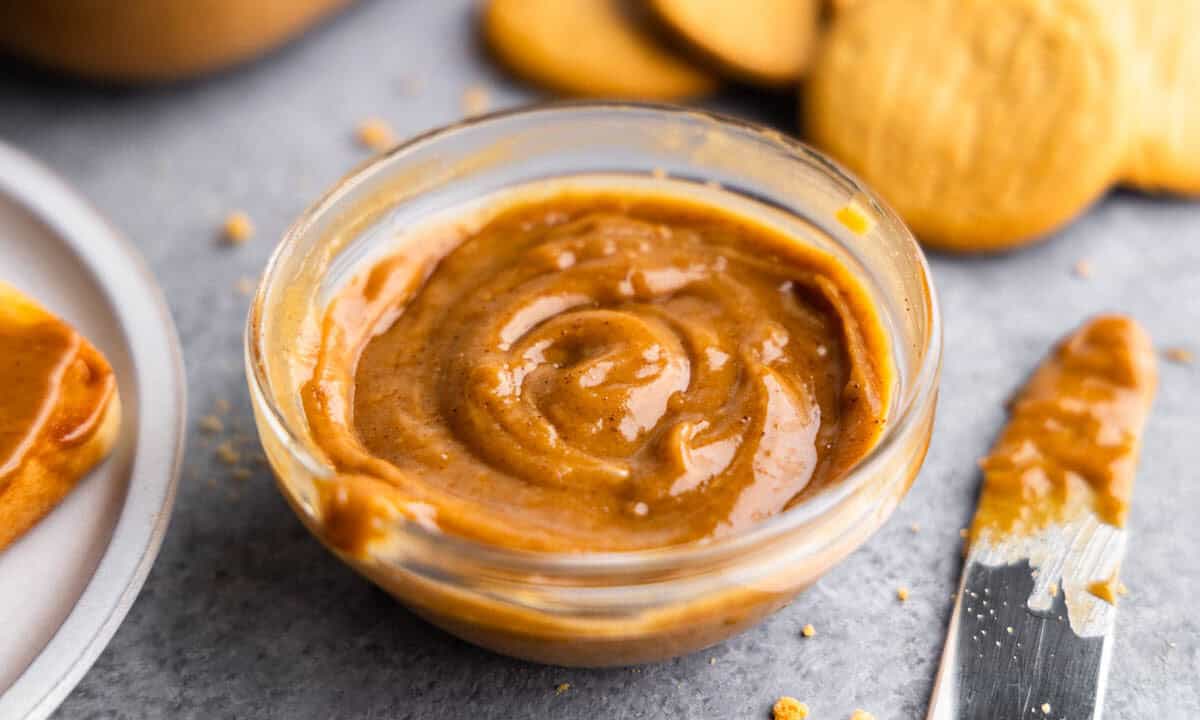 A close up view of a bowl of homemade cookie butter.