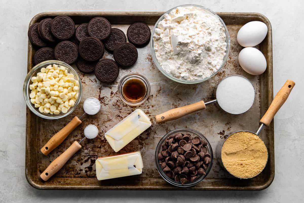 An overhead view of the ingredients needed to make our recipe for cookies and cream cookies.