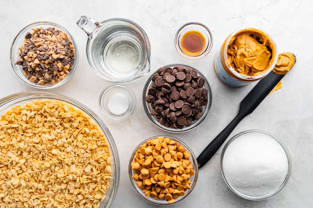 An overhead birds-eye view of the ingredients needed to make homemade toffee scotcharoos.