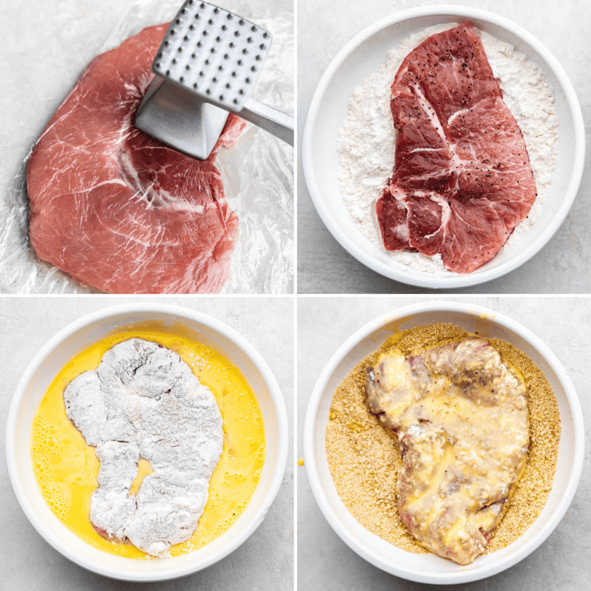 A collage image showing the process for pounding out pork chops to make german schnitzel.