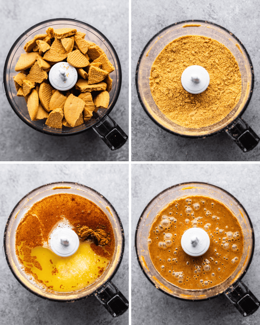 A collage image showing four different stages of making homemade cookie butter. 
