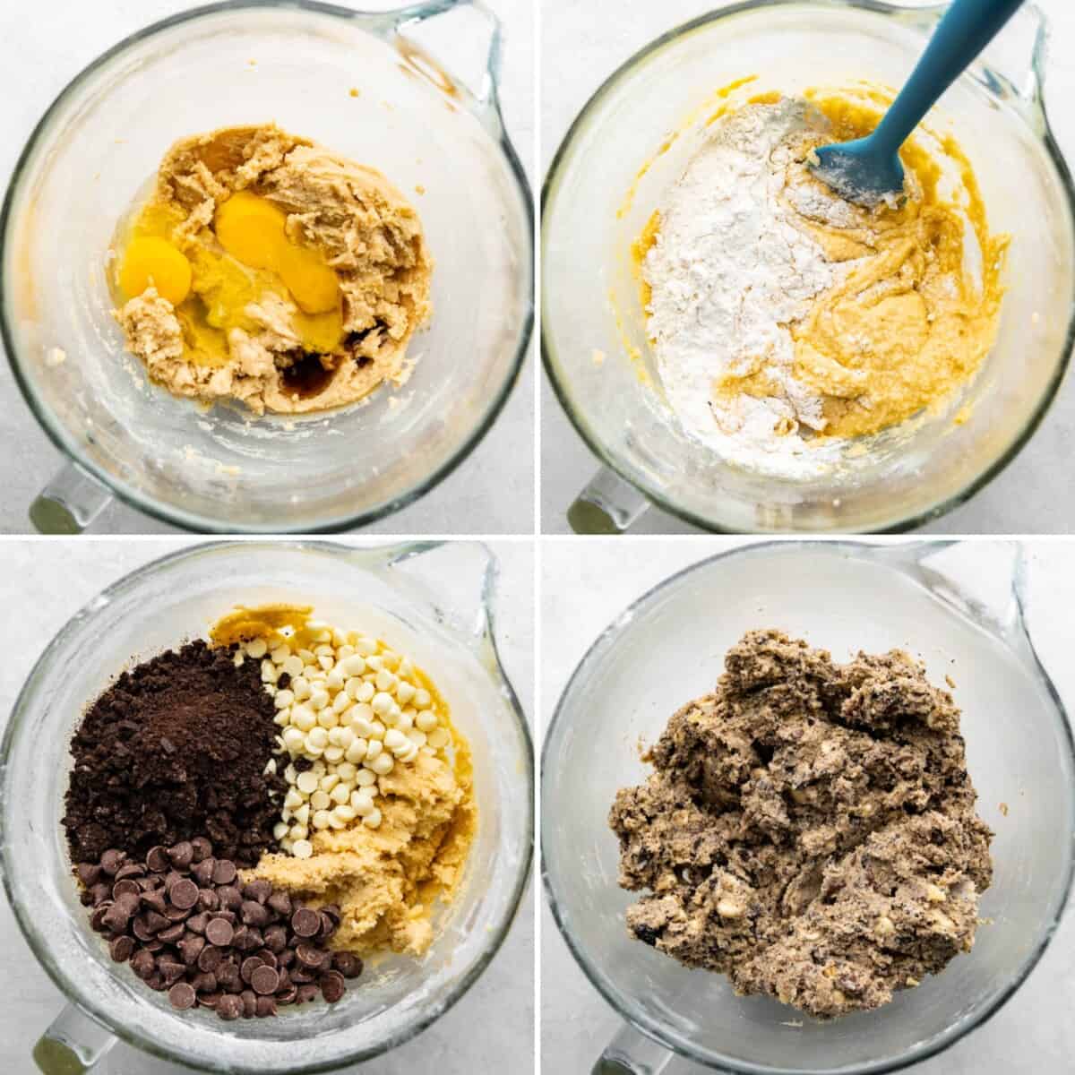 A step by step visual guide to making cookies and cream cookies.