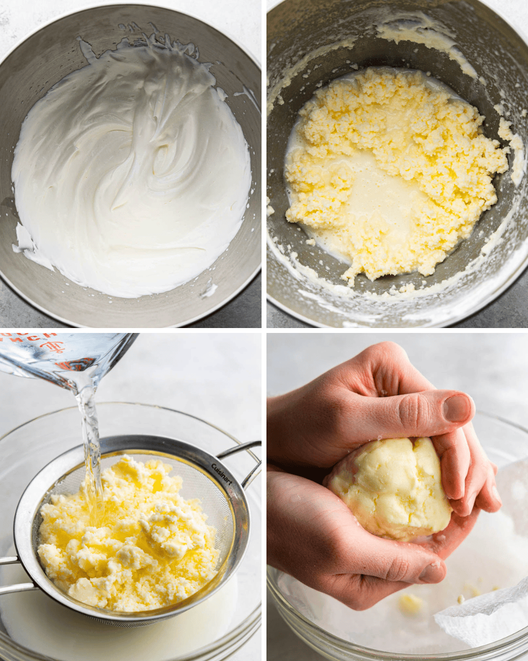 A collage image of the 4 stages of making homemade butter.