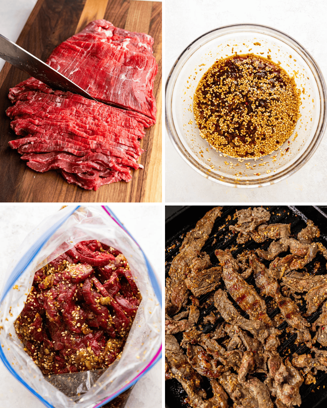 A collage of four images showing how beef bulgogi is made. 