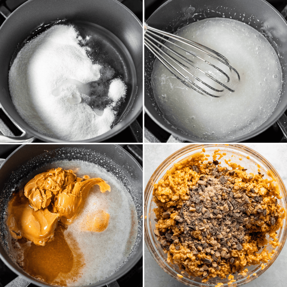 A collage image showing four different stages of making homemade toffee scotcharoos.
