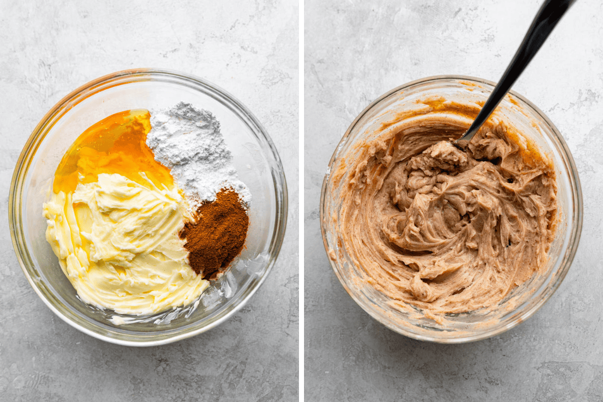An overhead birds-eye view of two images showing the ingredients for cinnamon butter and the finished bowl.