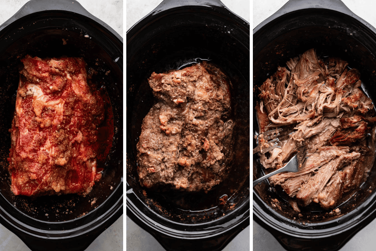 Side by side images showing kalua pork before cooking, after cooking, and after shredding. 