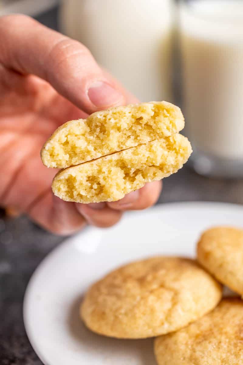A hand holding a snickerdoodle cookie broken in half to show the soft interior crumb.