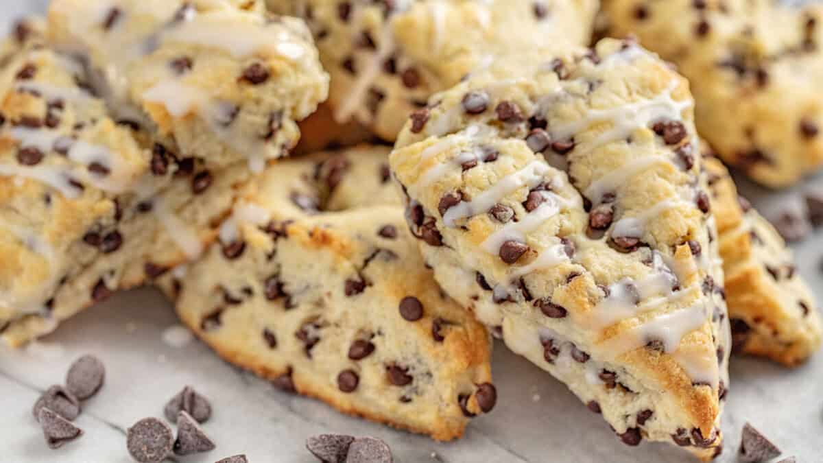 Side view of delicious chocolate chip scones.