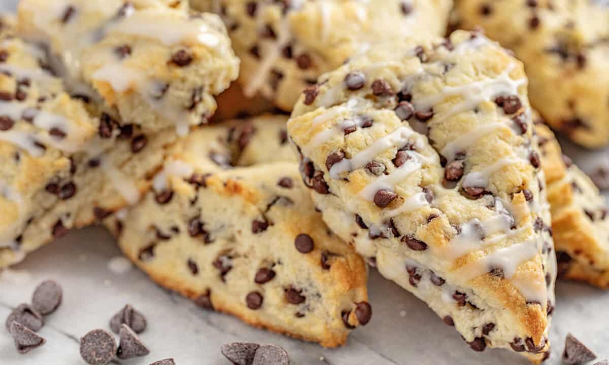 Side view of delicious chocolate chip scones.