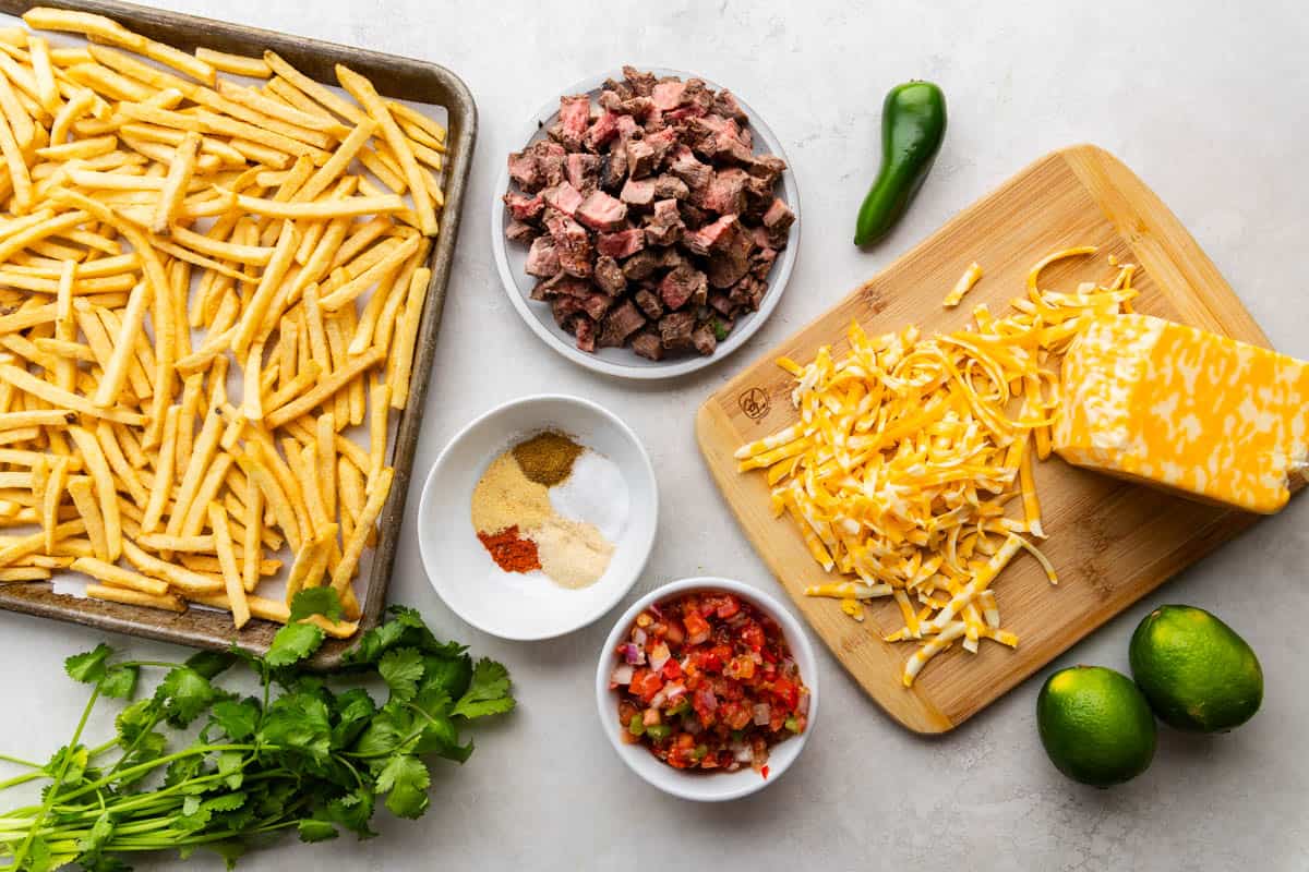 An overhead view of the ingredients needed to make carne asada fries. 