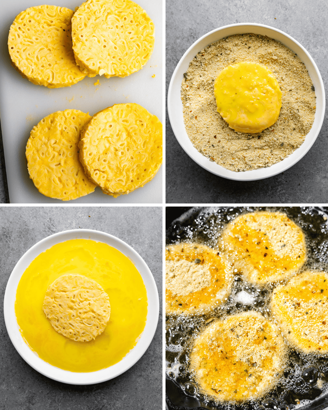 A collage of 4 images showing the process for breading and frying your mac and cheese buns. 