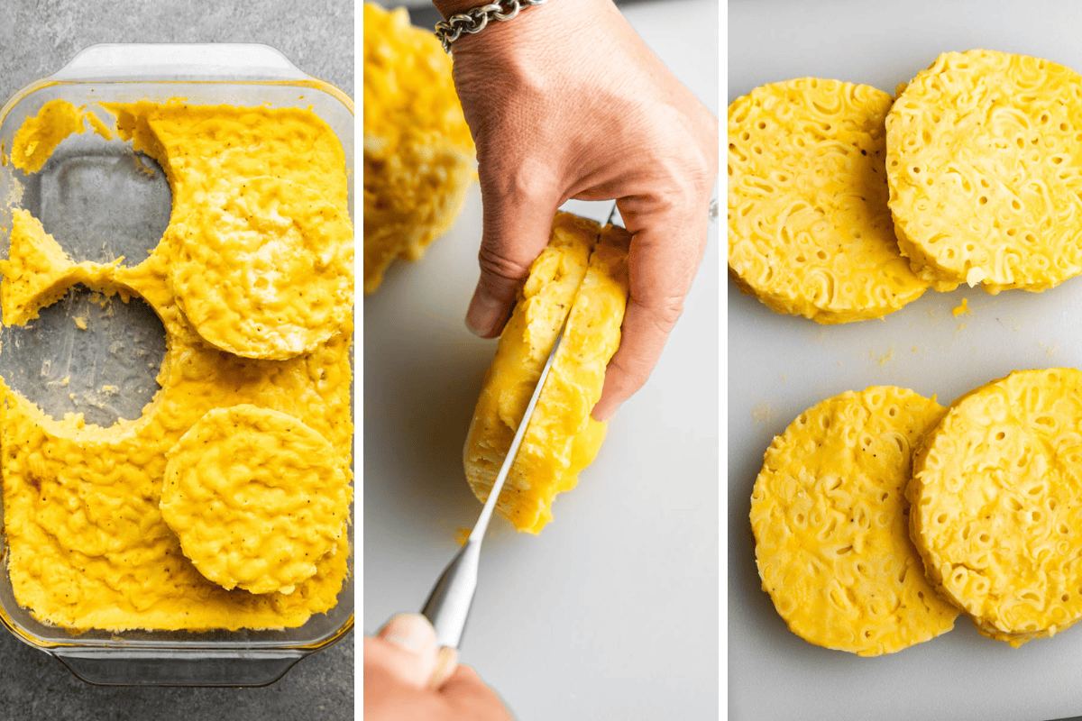 A collage of 3 images showing the process for cutting and slicing your mac and cheese buns for breading and frying. 