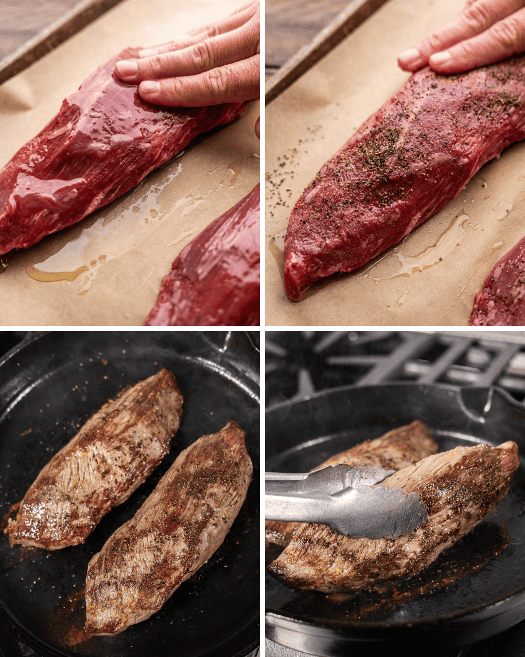 A collage of images showing four steps of the process for making a petite tender.