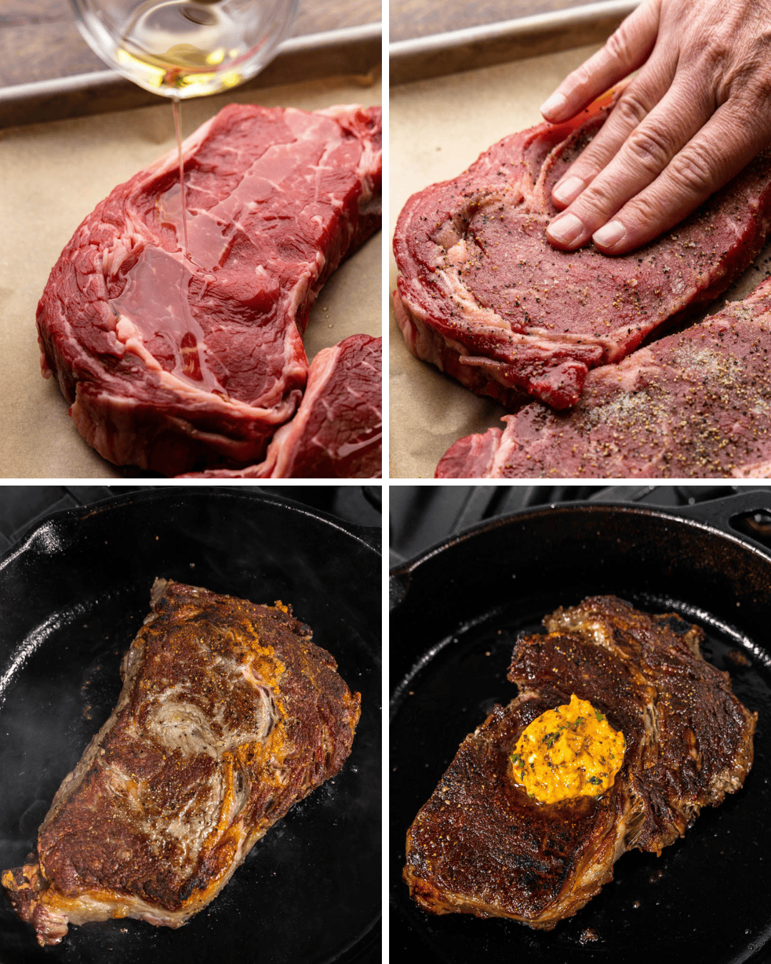 A photo collage showing ribeye steaks at various points in cooking. 