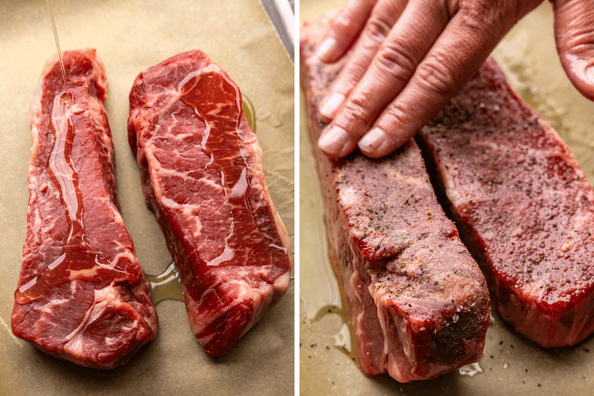 A collage image showing two new york steaks get coated with seasoning. 
