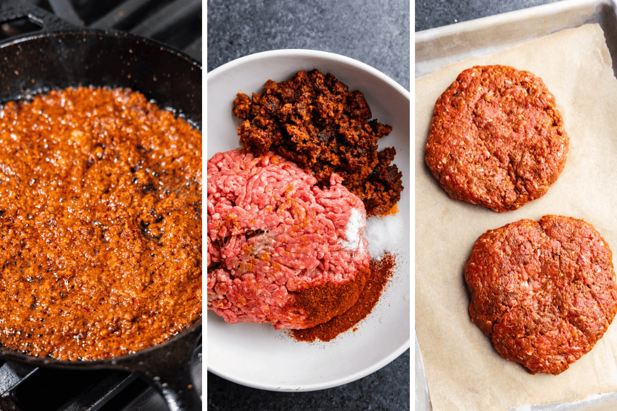 Three images in a collage showing the process for putting together queso fundido burger patties with chorizo and ground beef. 