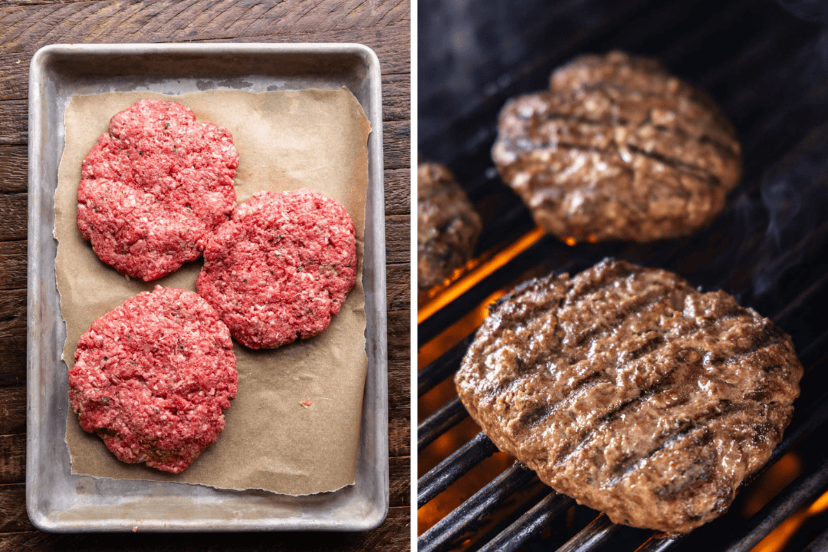 A collage of two images showing ranch burger patties on a baking sheet and a second image showing the ranch burgers being cooked on the grill.